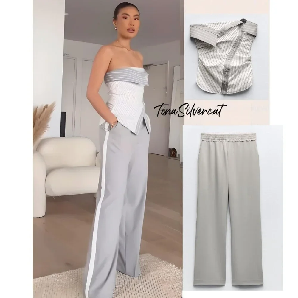 BLOGGER'S FAVE! Zara 2 Piece Pants With Side Stripe & Strapless Top Mid …